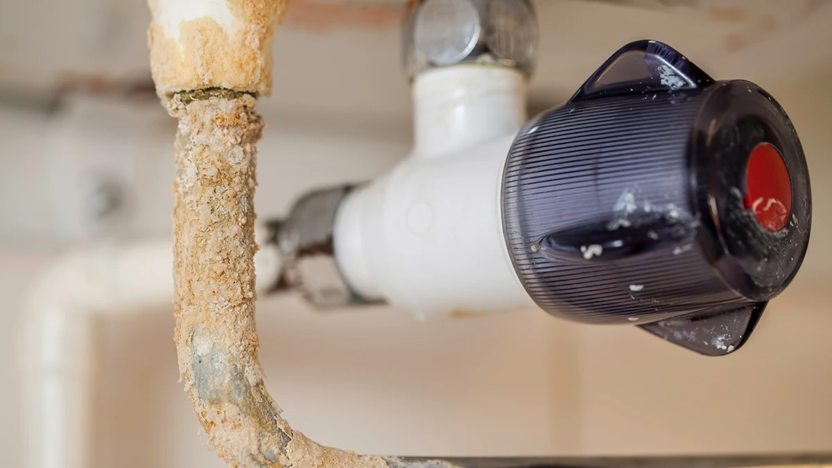 Close-up of a corroded pipe with white crust and a plastic faucet knob with a red center. The scene conveys neglect and plumbing issues. Close-up of a corroded pipe with white crust and a plastic faucet knob with a red center. The scene conveys neglect and plumbing issues.