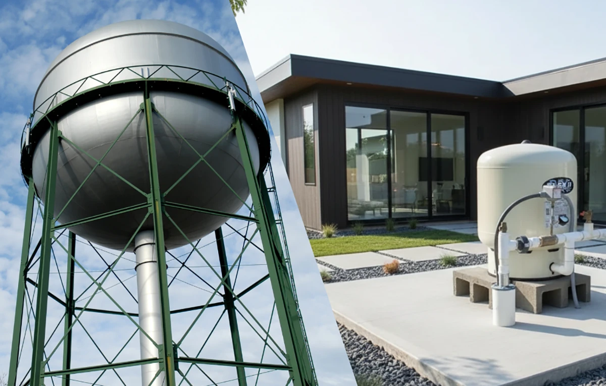 A split image showing a tall, silver water tower against a blue sky on the left, and a modern house with a small water tank on a patio on the right.