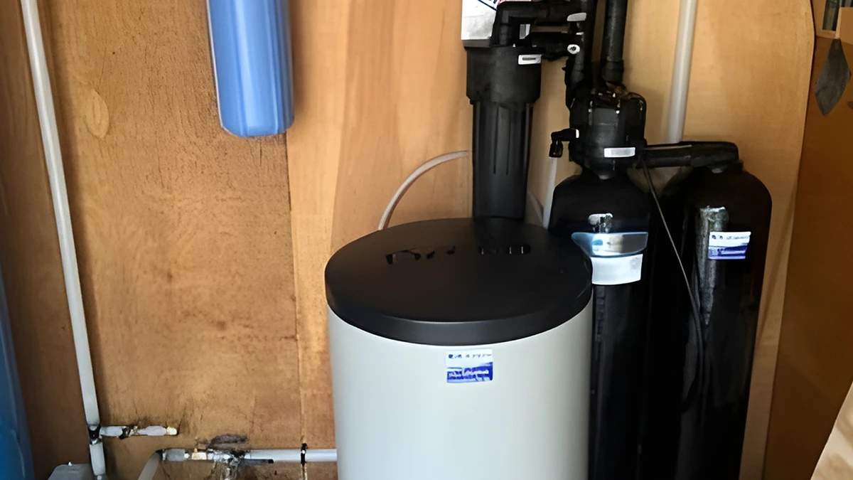 A water softener and a water heater installed in a utility room, showcasing their functional arrangement.