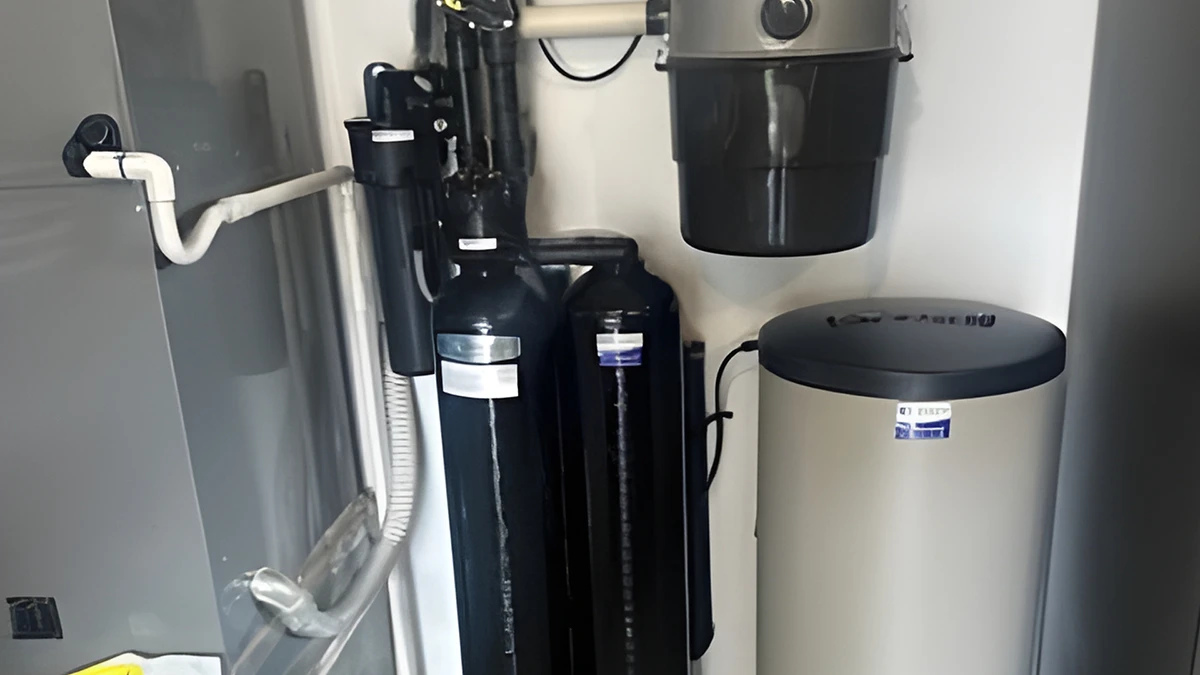 Water softener and water heater installed in a utility room, showcasing plumbing and appliance setup for home water treatment. Water softener and water heater installed in a utility room, showcasing plumbing and appliance setup for home water treatment.