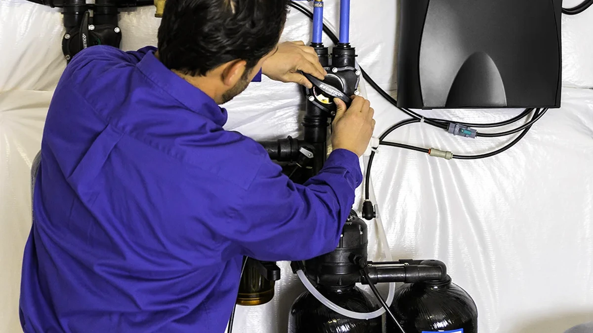 A person in a blue shirt is repairing plumbing equipment, adjusting pipes and valves against a white background. The scene conveys a technical, focused atmosphere.